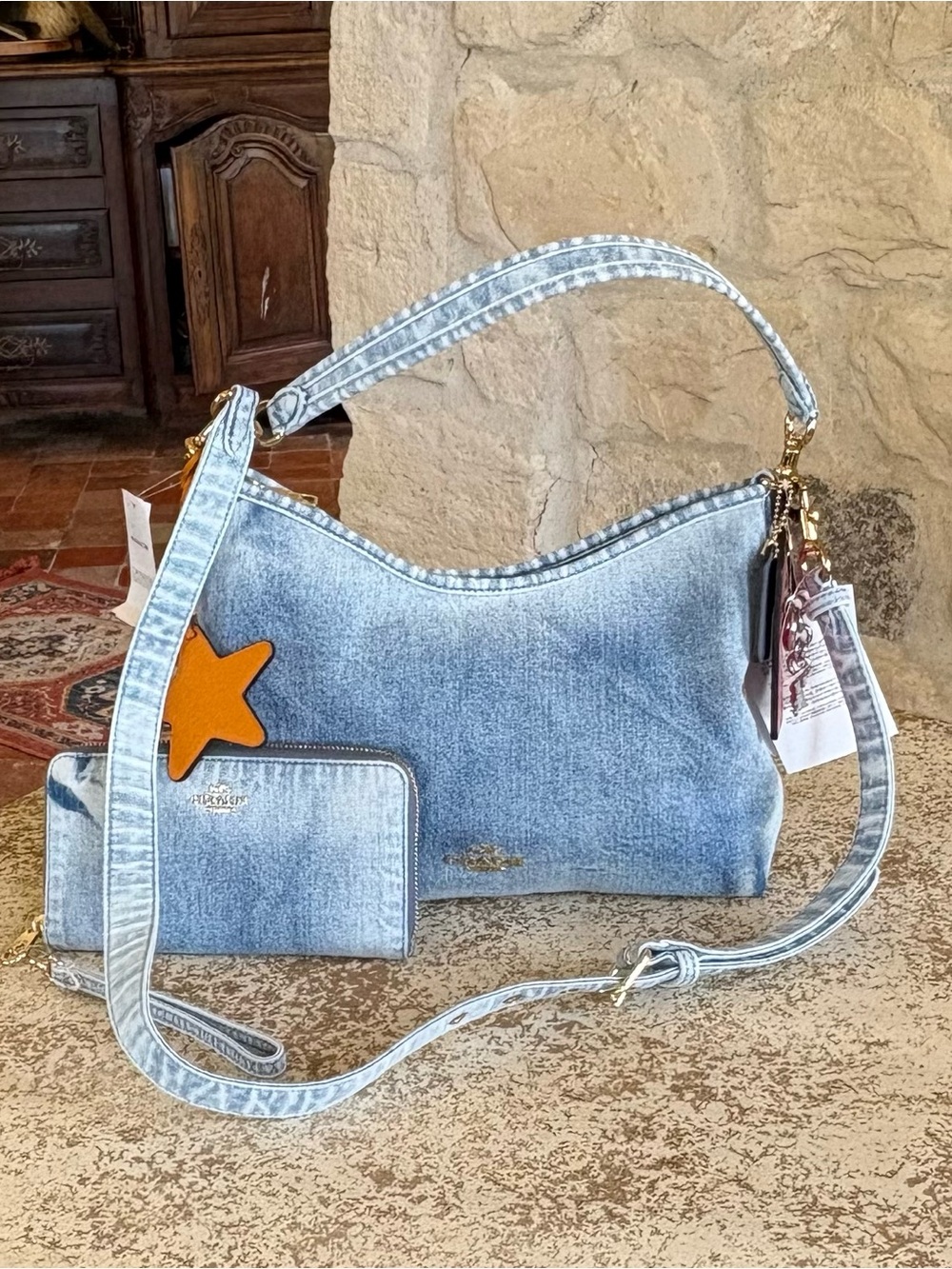Coach Light Blue Denim Shoulder Bag with Orange Star Accent